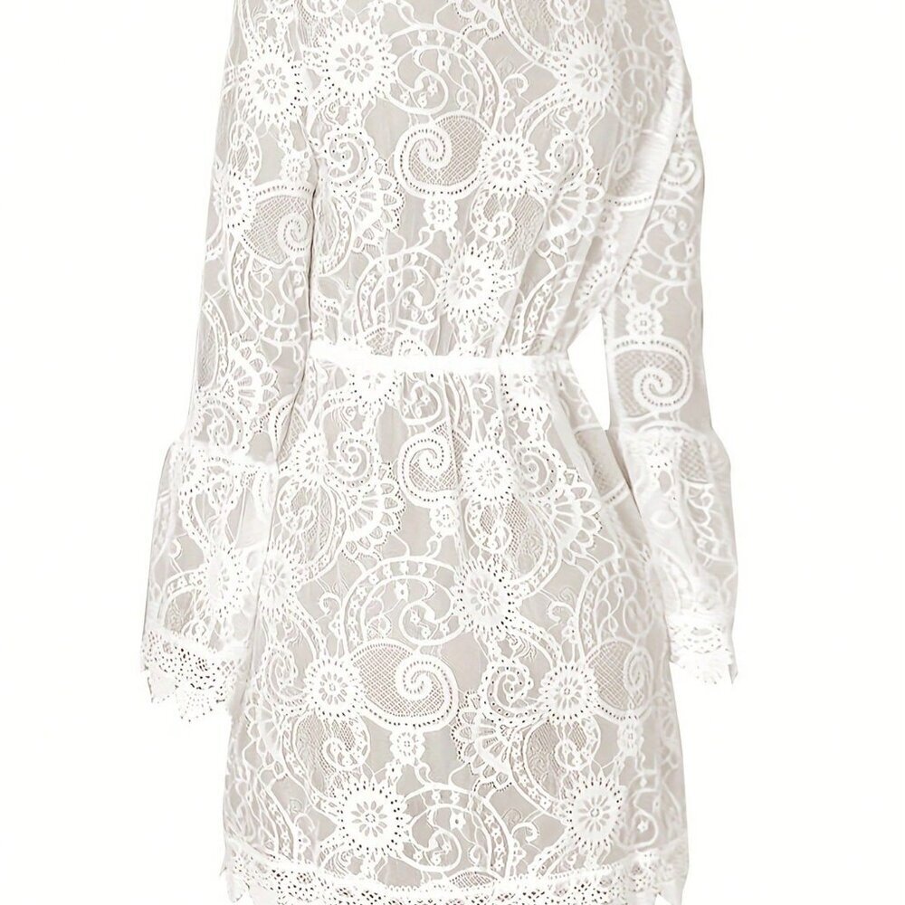 White Boho Women's Solid Color Lace Panel Deep V Neck Dress - Picture 3 of 5